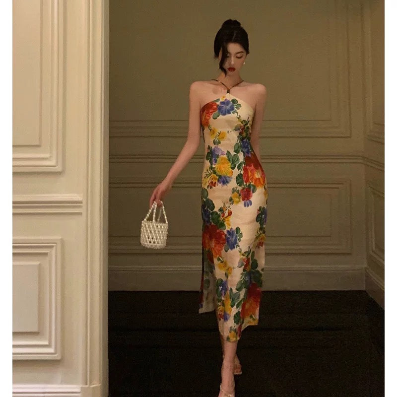 Stunning Sheath Halter Sleeveless Floral Date Night Dress Prom Dresses Birthday Outfit