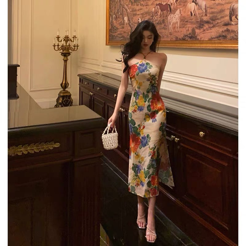Stunning Sheath Halter Sleeveless Floral Date Night Dress Prom Dresses Birthday Outfit