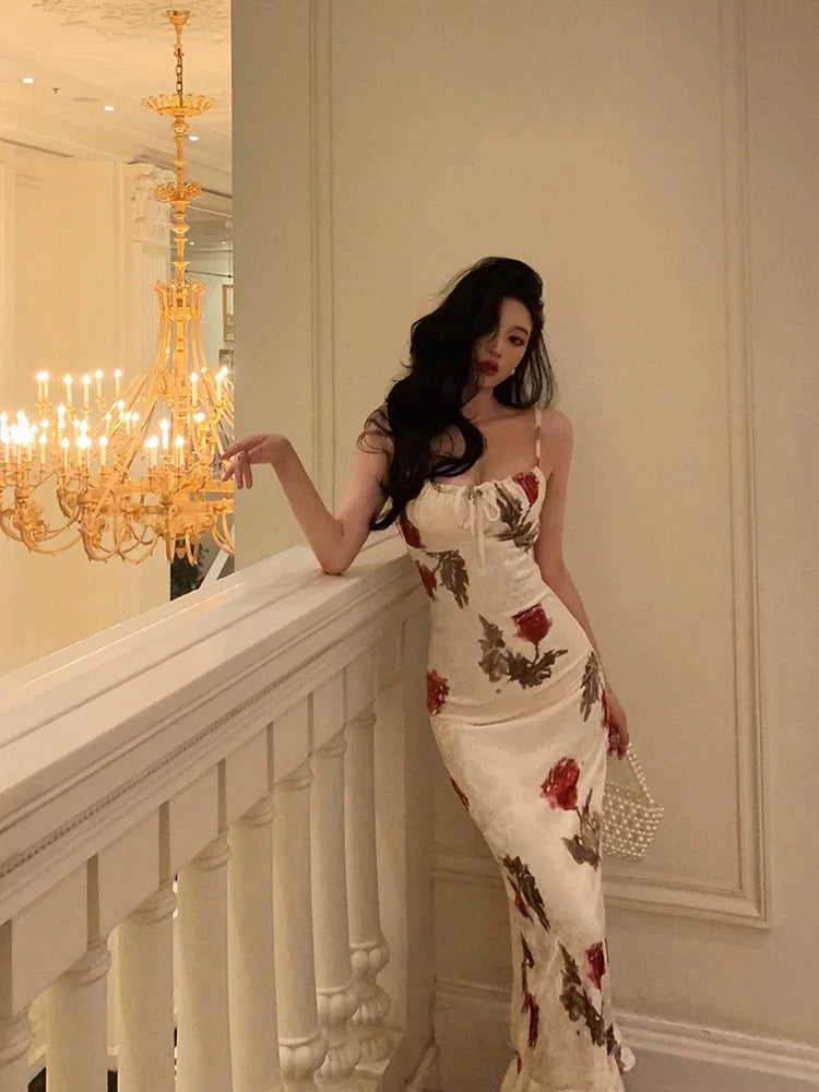 Sexy Sheath Spaghetti Straps White Satin Red Floral Long Prom Dresses Birthday Outfit