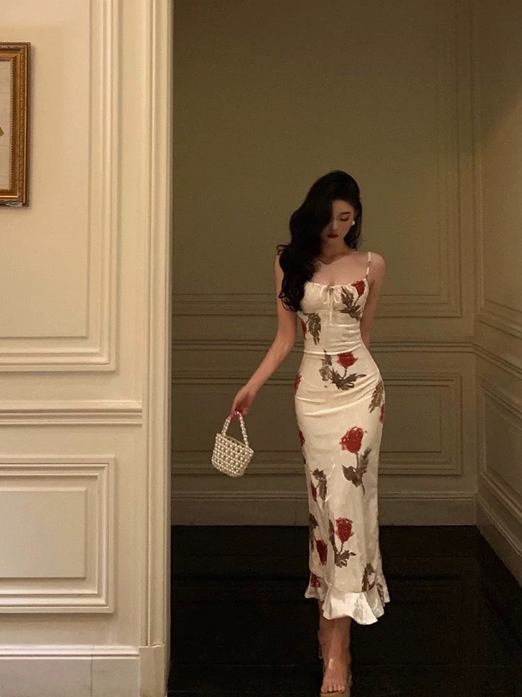 Sexy Sheath Spaghetti Straps White Satin Red Floral Long Prom Dresses Birthday Outfit