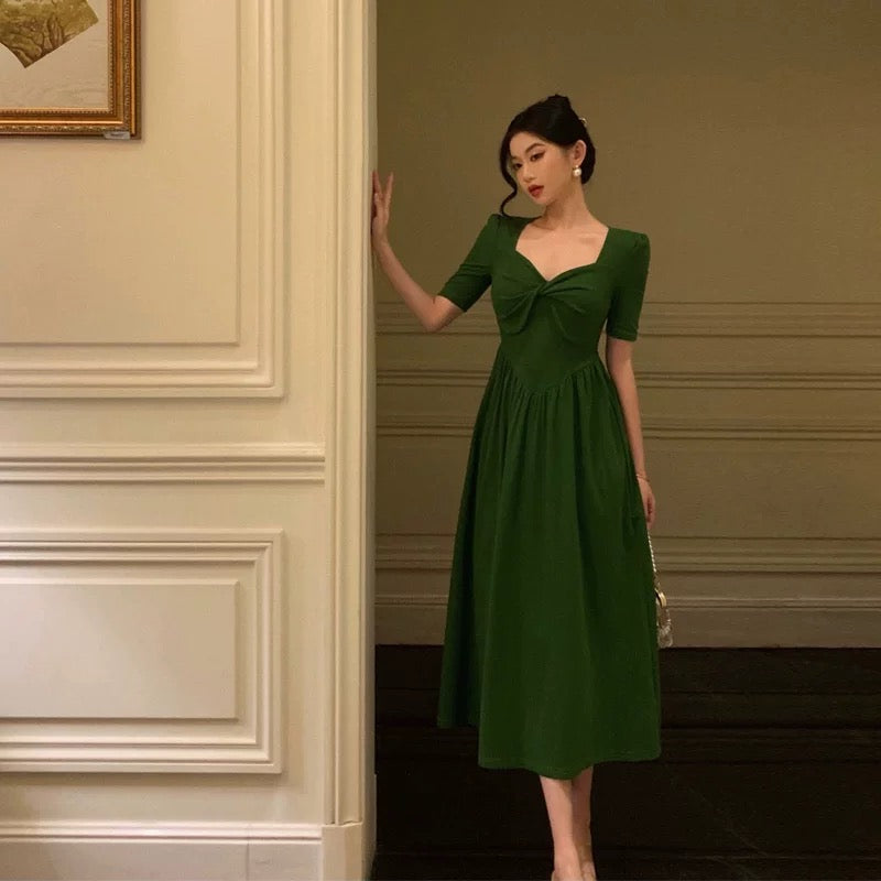 Stunning A Line Square Neckline Half Sleeves Dark Green Pleated Prom Dresses Birthday Outfit