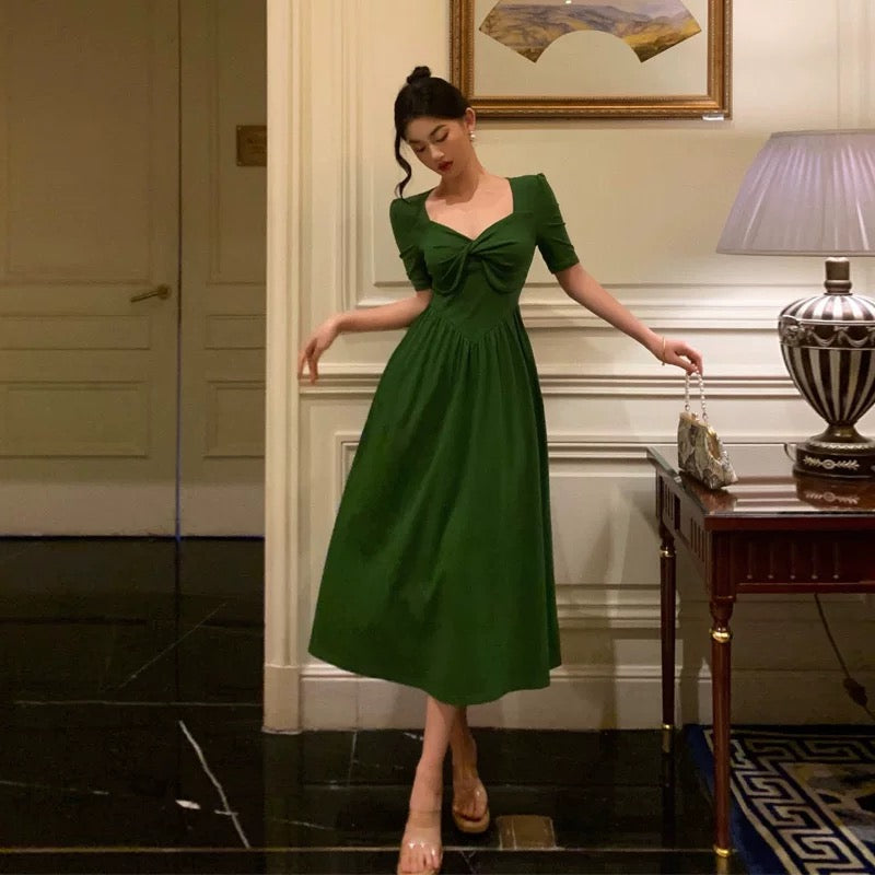 Stunning A Line Square Neckline Half Sleeves Dark Green Pleated Prom Dresses Birthday Outfit