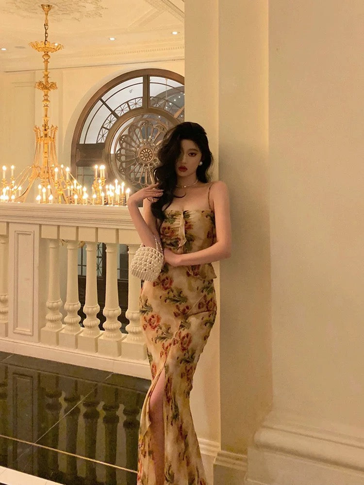 Sexy Mermaid Spaghetti Straps Floral Slit Long Prom Dresses Birthday Outfit