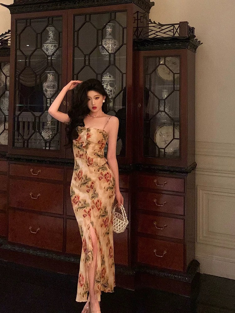 Sexy Mermaid Spaghetti Straps Floral Slit Long Prom Dresses Birthday Outfit