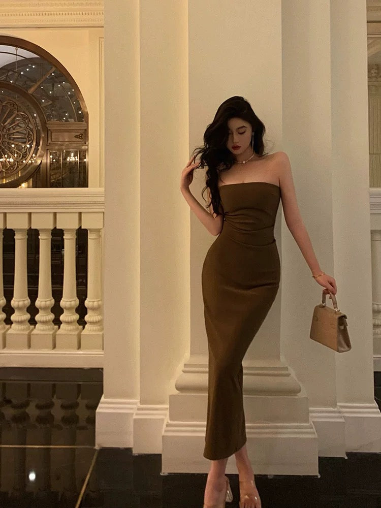 Gorgeous Sheath Strapless Date Night Dress Brown Prom Dresses Birthday Outfits