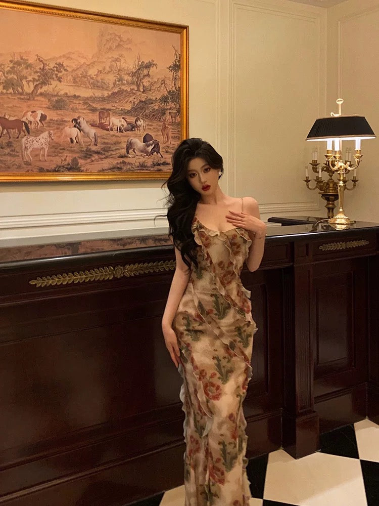 Stunning Mermaid Spaghetti Straps Floral Ruffles Long Prom Dresses Birthday Outfit