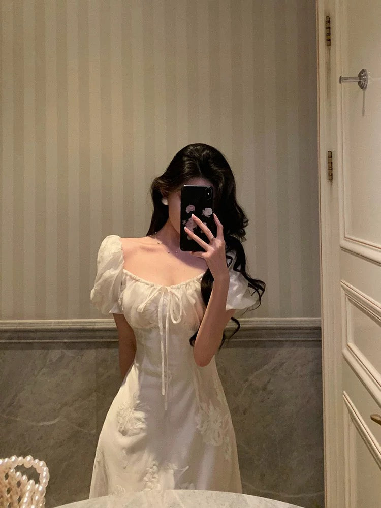 French A line Square Neckline Short Sleeves Floral Lace Prom Dresses Birthday Outfit