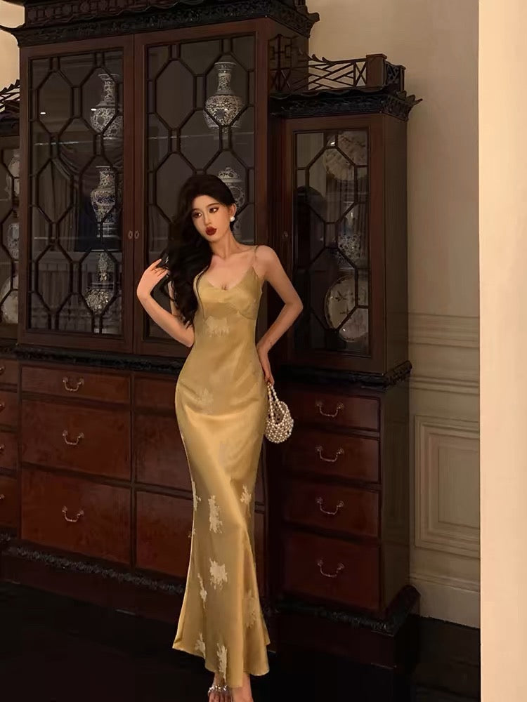 Stunning Mermaid Spaghetti Straps Floral Gold Long Prom Dresses Birthday Outfit