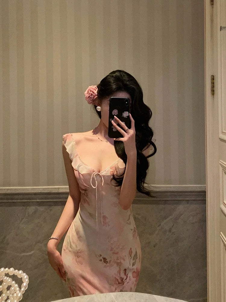 Gorgeous Sheath V Neckline Date Night Dress Floral Pink Prom Dresses Party Dress Birthday Outfits