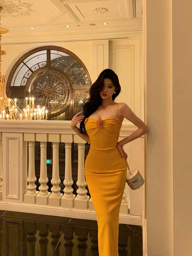 French Sheath Spaghetti Straps Yellow Flower Prom Dresses Birthday Outfits Evening Gown