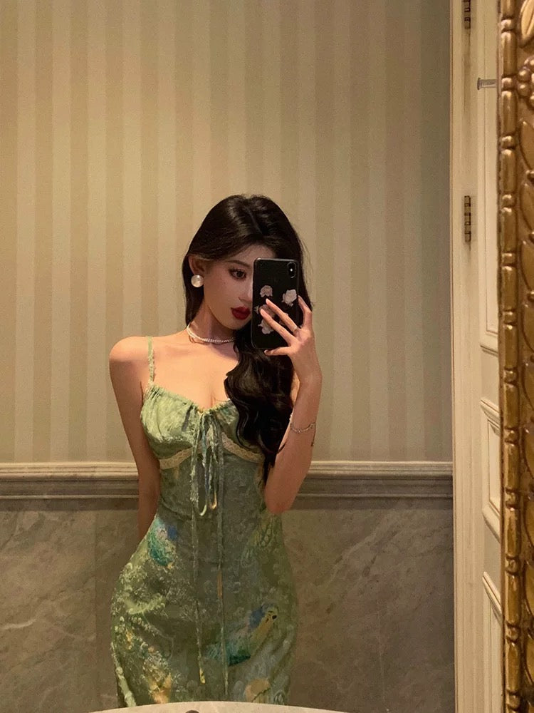 Stunning Sheath Spaghetti Straps Green Satin Date Night Dress Prom Dresses Birthday Outfit