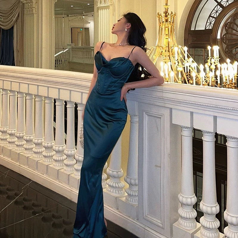 Stunning Sheath Spaghetti Straps Navy Blue Date Night Dress Ruffles Prom Dresses Birthday Outfit