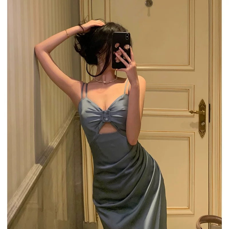 Stunning Sheath Spaghetti Straps Dusty Blue Date Night Dress Prom Dresses Birthday Outfit