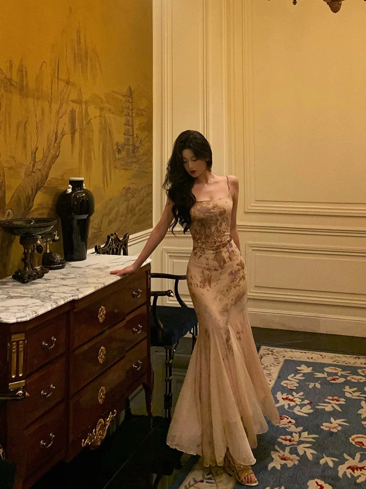 Stunning Mermaid Spaghetti Straps Champagne Floral Date Night Dress Prom Dresses Birthday Outfit