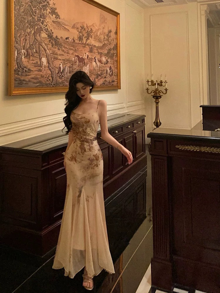 Stunning Mermaid Spaghetti Straps Champagne Floral Date Night Dress Prom Dresses Birthday Outfit