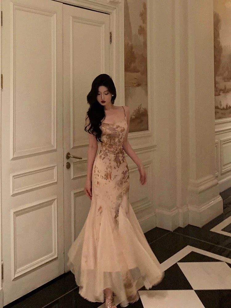 Stunning Mermaid Spaghetti Straps Champagne Floral Date Night Dress Prom Dresses Birthday Outfit