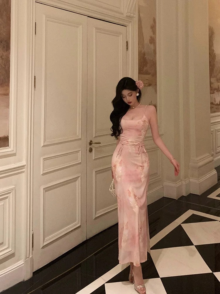 Stunning Sheath Spaghetti Straps Pink Floral Date Night Dress Prom Dresses Birthday Outfit