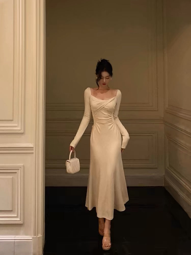 Pretty A Line Square Neckline Long Sleeves Ivory Prom Dresses Birthday Outfits Evening Gown