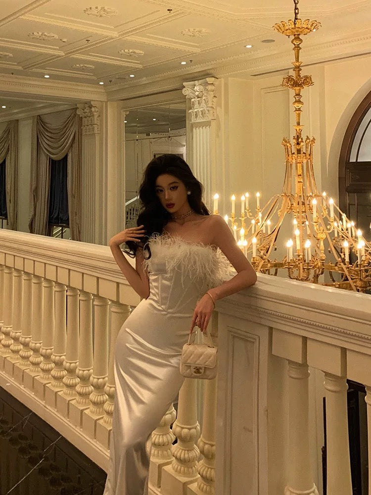 Stunning Sheath Strapless White Feather Date Night Dress Prom Dresses Birthday Outfit