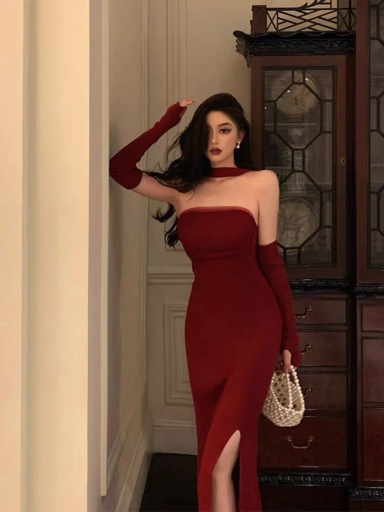 Gorgeous Sheath Strapless Burgundy Date Night Dress Tulle Prom Dresses With Gloves Party Dress Birthday Outfits