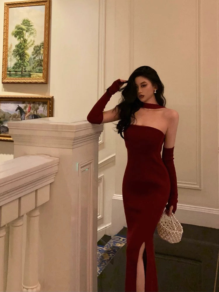 Gorgeous Sheath Strapless Burgundy Date Night Dress Tulle Prom Dresses With Gloves Party Dress Birthday Outfits