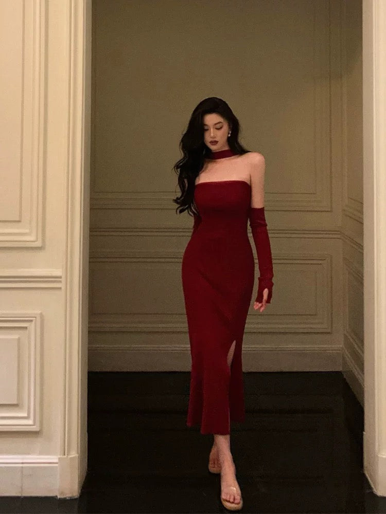 Gorgeous Sheath Strapless Burgundy Date Night Dress Tulle Prom Dresses With Gloves Party Dress Birthday Outfits