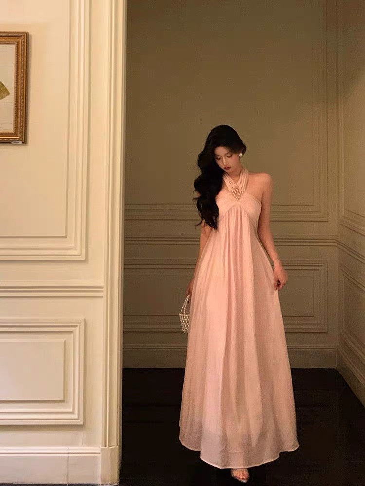 Stunning A Line Halter Neckline Long Date Night Dress Pink Prom Dresses Birthday Outfit