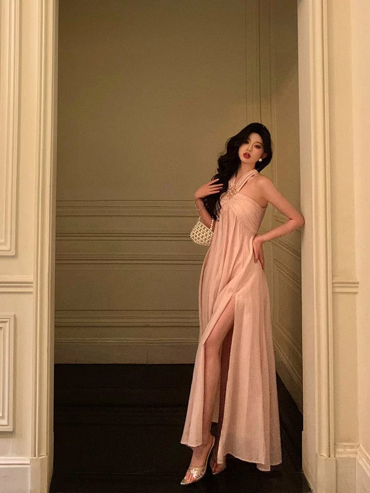 Stunning A Line Halter Neckline Long Date Night Dress Pink Prom Dresses Birthday Outfit