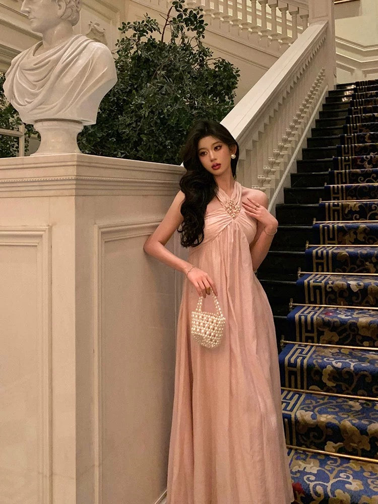 Stunning A Line Halter Neckline Long Date Night Dress Pink Prom Dresses Birthday Outfit