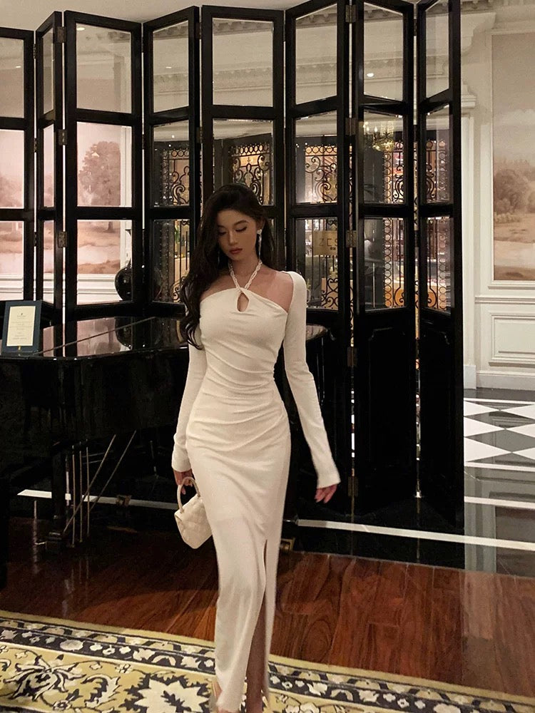 Stunning Sheath Halter Neckline Long Sleeves Date Night Dress White Prom Dresses Birthday Outfit