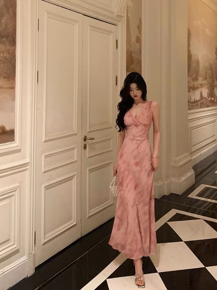 Stunning A Line V neckline Long Date Night Dress Pink Prom Dresses Birthday Outfit