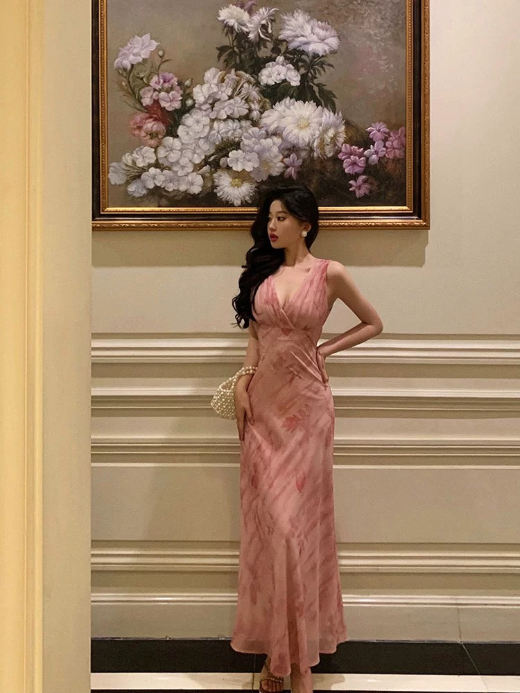 Stunning A Line V neckline Long Date Night Dress Pink Prom Dresses Birthday Outfit