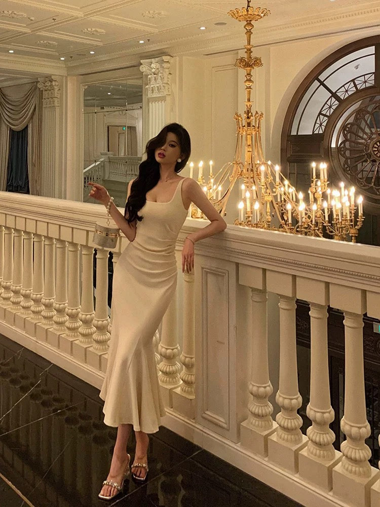Pretty Mermaid Straps White Tea Length Prom Dresses Birthday Outfits Evening Gown