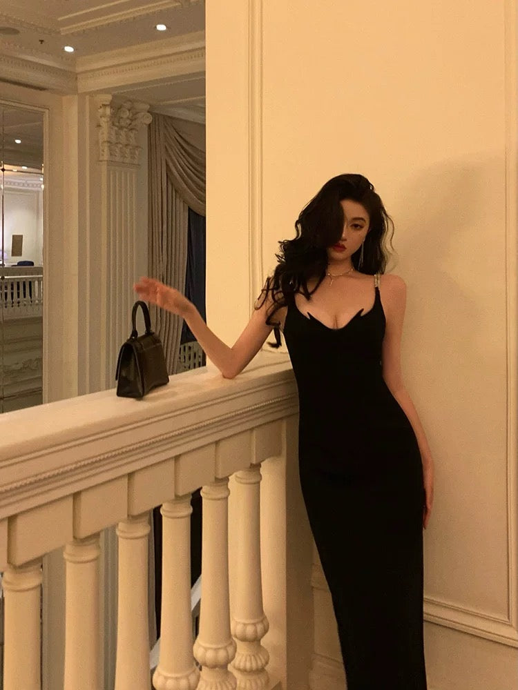 Gorgeous Sheath Spaghetti Straps Black Date Night Dress Prom Dresses Party Dress Birthday Outfits