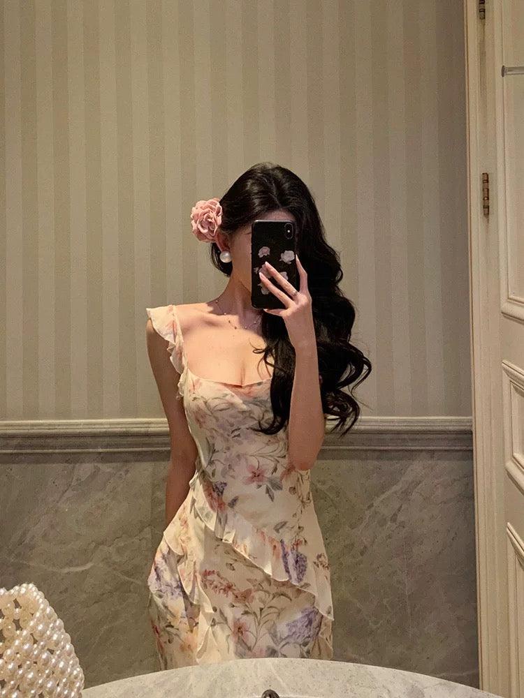 Pretty Sheath Straps Floral Chiffon Long Prom Dresses Birthday Outfits Evening Gown