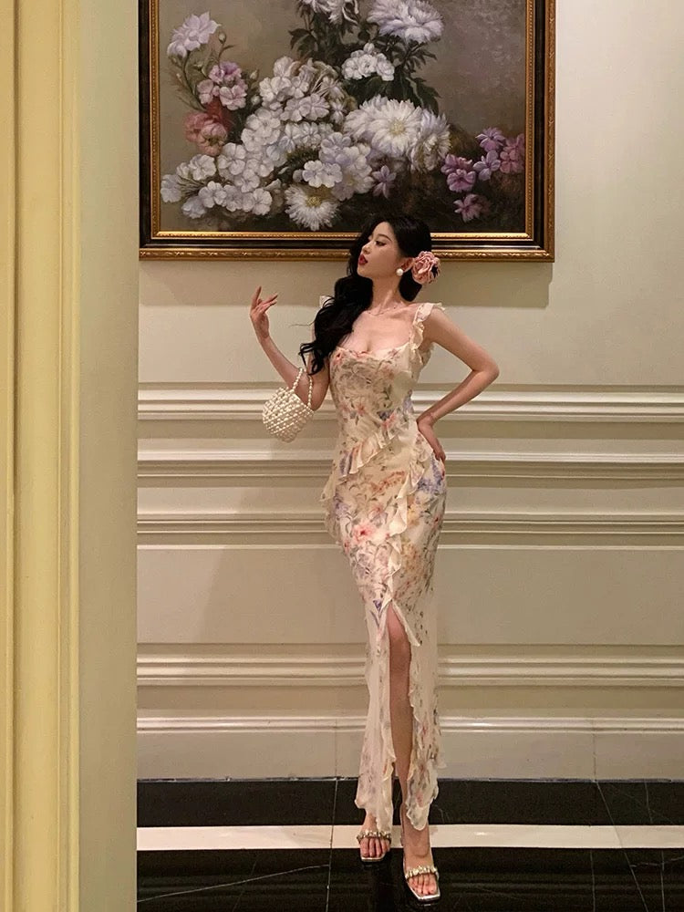 Pretty Sheath Straps Floral Chiffon Long Prom Dresses Birthday Outfits Evening Gown