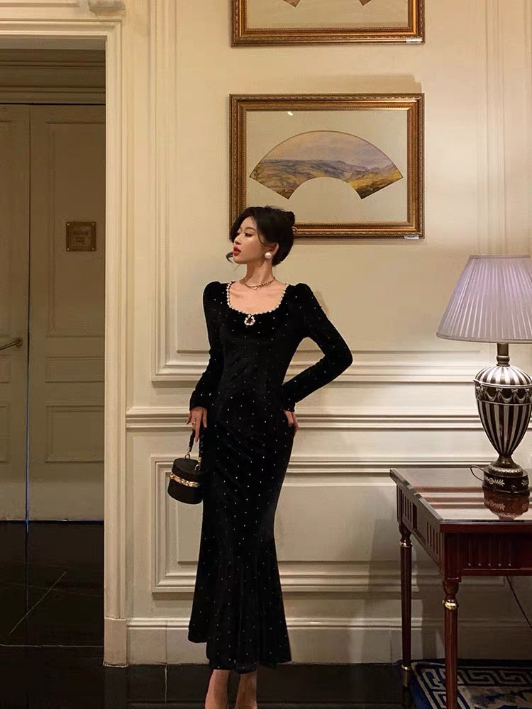Classy Mermaid Square Neckline Long Sleeves Black Velvet Prom Dresses Birthday Outfits
