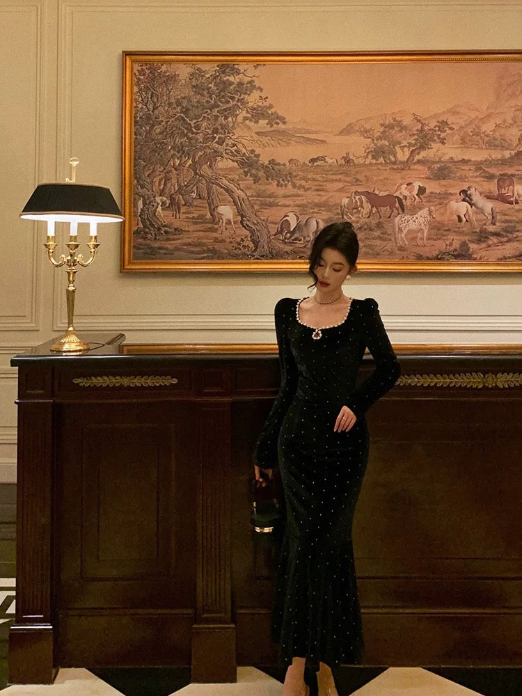 Classy Mermaid Square Neckline Long Sleeves Black Velvet Prom Dresses Birthday Outfits