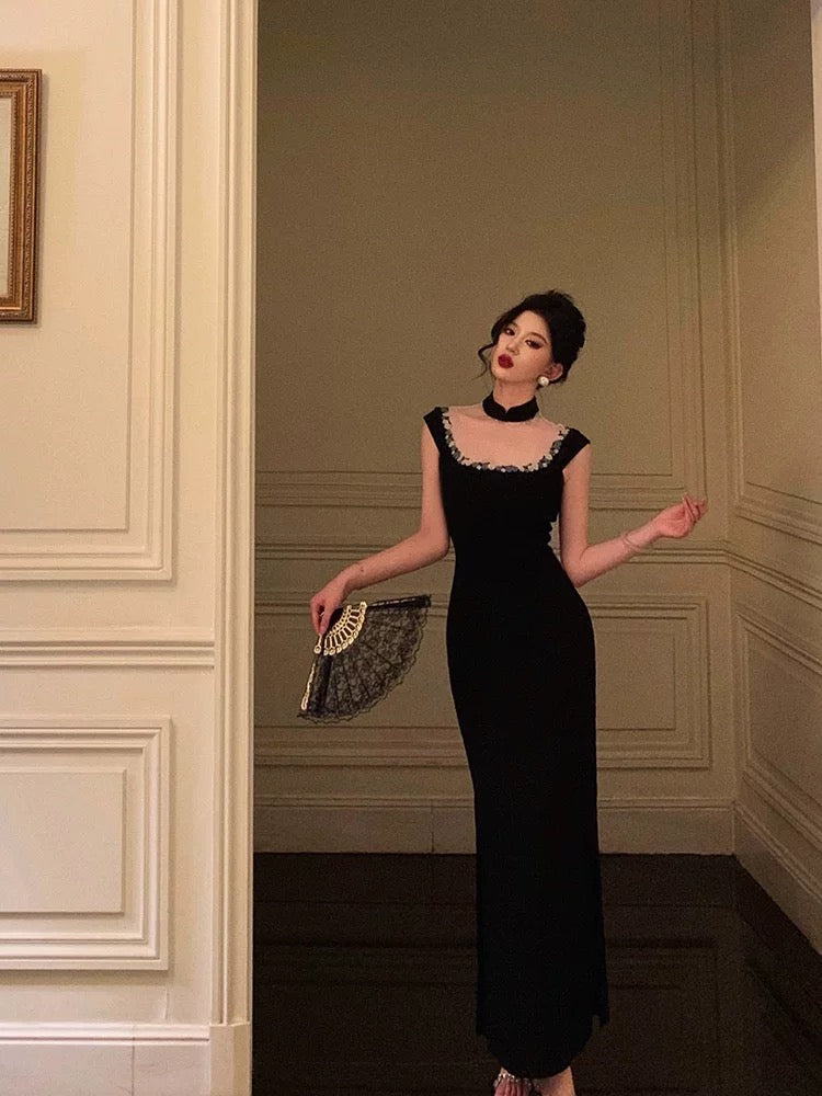Classy Sheath Square Neckline Sleeveless Black Slit Prom Dresses Birthday Outfits