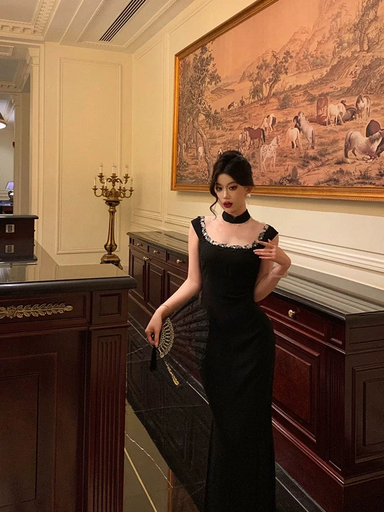 Classy Sheath Square Neckline Sleeveless Black Slit Prom Dresses Birthday Outfits