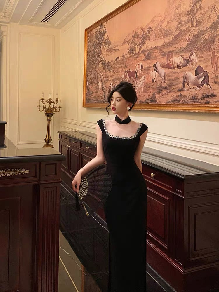 Classy Sheath Square Neckline Sleeveless Black Slit Prom Dresses Birthday Outfits