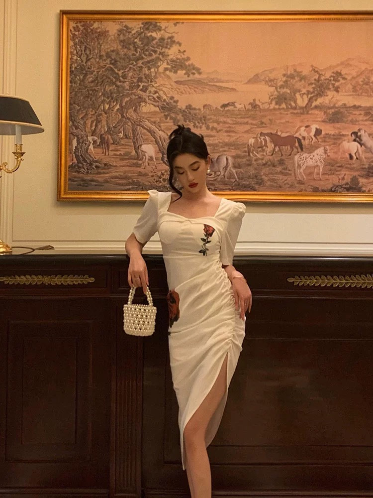 Stunning Sheath Square Neckline Short Sleeves Date Night Dress White Prom Dresses Birthday Outfit