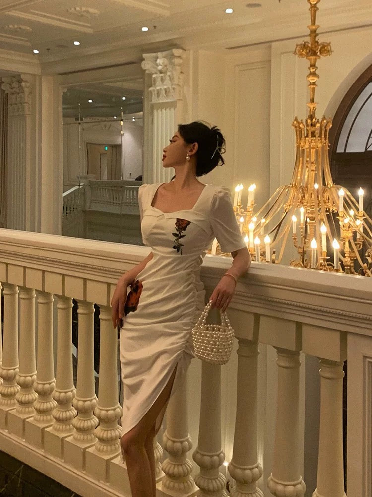 Stunning Sheath Square Neckline Short Sleeves Date Night Dress White Prom Dresses Birthday Outfit