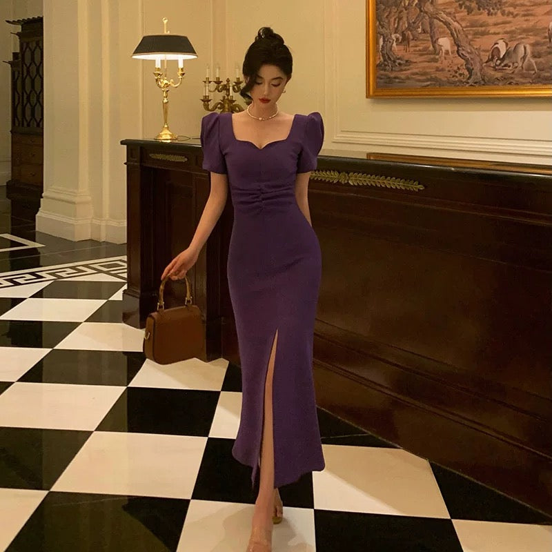 Stunning Sheath Square Neckline Short Sleeves Date Night Dress Grape Prom Dresses Birthday Outfit