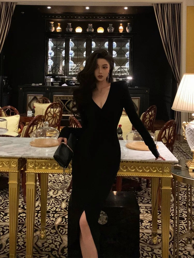 Sexy Sheath V Neckline Long Sleeves Black Slit Prom Dresses Birthday Outfits