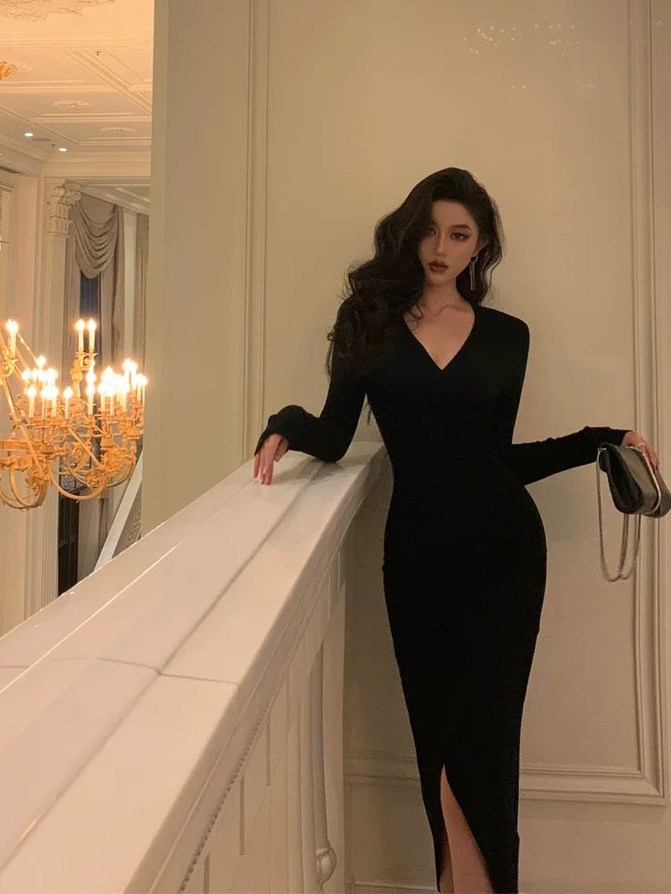 Sexy Sheath V Neckline Long Sleeves Black Slit Prom Dresses Birthday Outfits