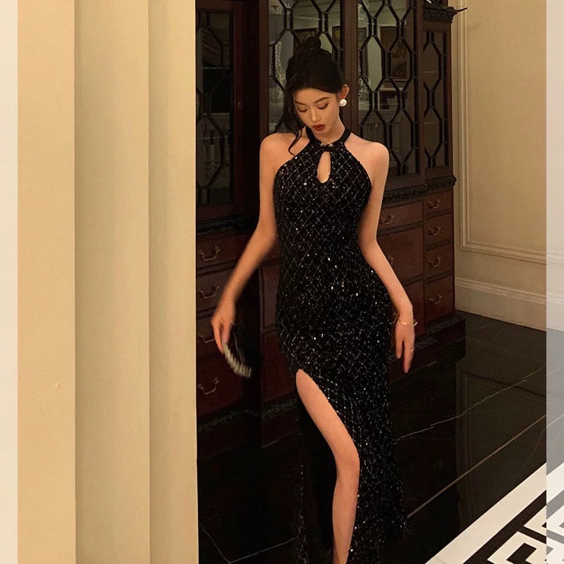 Classy Sheath Halter Sleeveless Black Sequin Prom Dresses Birthday Outfits