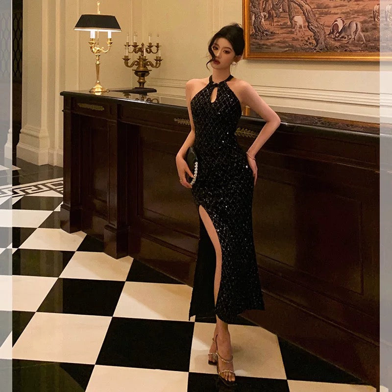 Classy Sheath Halter Sleeveless Black Sequin Prom Dresses Birthday Outfits