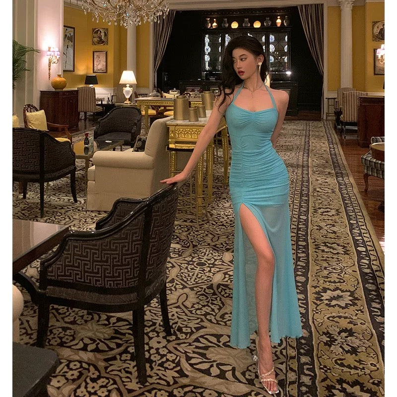 Stunning Sheath Halter Blue Date Night Dress Prom Dresses Birthday Outfit