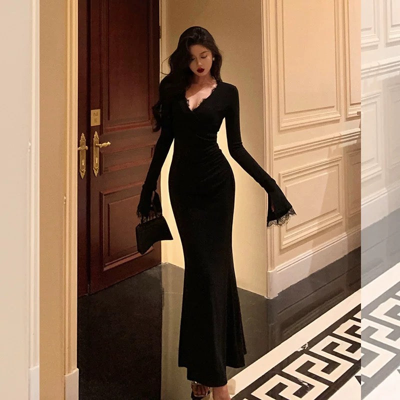 Classy Sheath V Neckline Long Sleeves Black Prom Dresses Birthday Outfits
